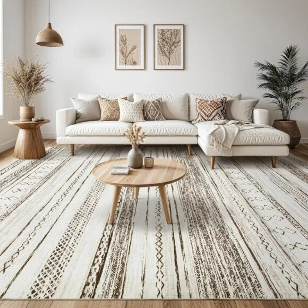 New 5x7 Cream Brown Boho Area Rug Washable Soft Carpet for Home & Room Decor